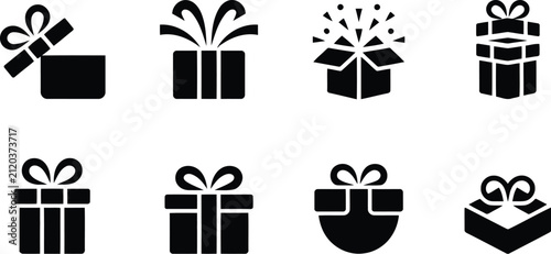 Set of eight stylish gift box icons with various ribbon and bow designs