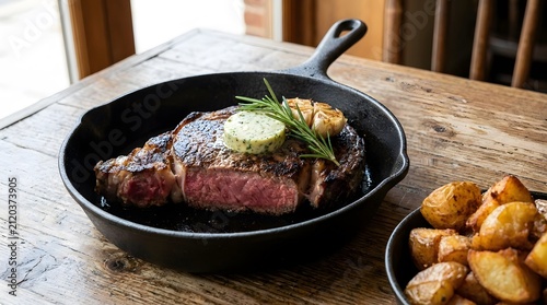 Grilled ribeye steak in cast iron skillet. Juicy beef meat with herb butter and potatoes.