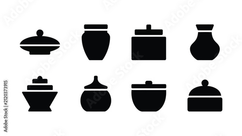 Set of various black ceramic pots with different lid designs on transparent background