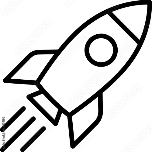Simple line art of a rocket launching, symbolizing innovation, progress, and exploration, isolated on white background for technology and futuristic themes
