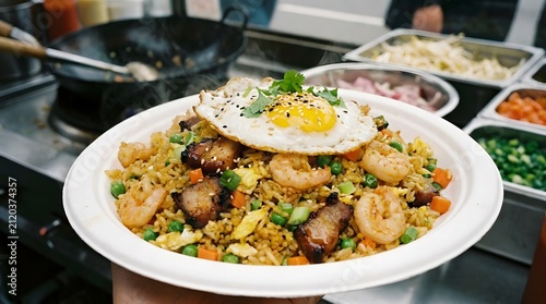 Shrimp fried rice with fried egg. Asian street food served in a disposable paper plate.