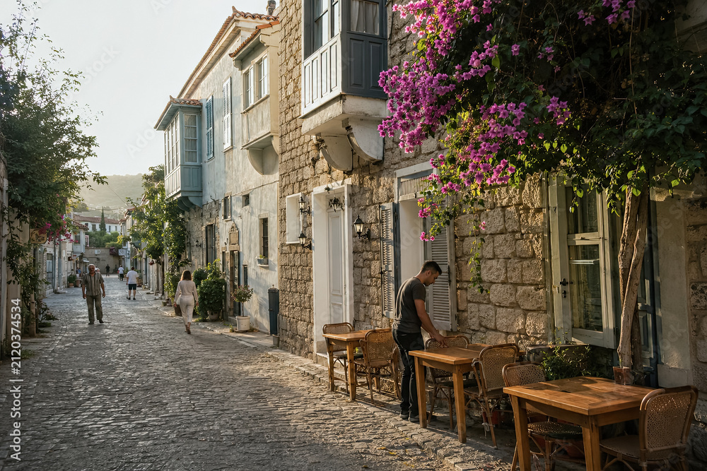 Fototapeta premium Cobblestone lane with stone houses, cafe tables, and bougainvillea in Alacati. generative AI