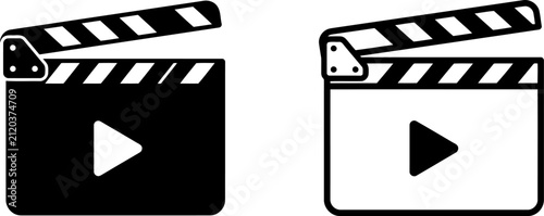 Vector illustration of two black and white movie clapperboard icons with play button symbols isolated on white background for film and video production themes