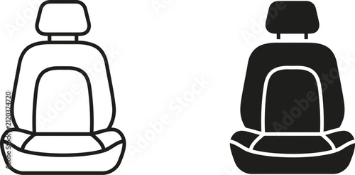 Vector illustration of two car seats in black and white line art style showing front view of automotive interior design elements