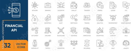 Financial API Icon Set. Containing API, Banking, Technology, Fraud, FinTech, Cryptocurrency, Payment and more. Editable vector Line icons collection.