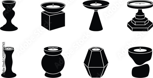 Various stylish black silhouette candle holders with transparent background designs