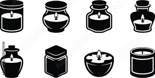 Various stylized candle containers with lit wicks in black and white vector design