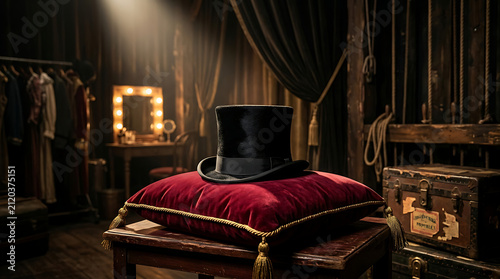 Classic Black Top Hat Resting On Ornate Red Velvet Cushion In Vintage Dressing Room