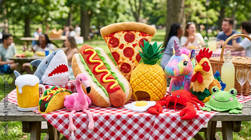 Whimsical collection of plush food and novelty toys on a picnic table