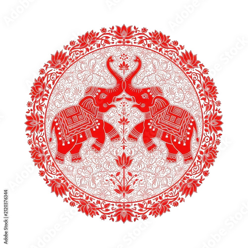 Red circular mandala emblem with two elephant silhouettes