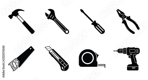 Cuadro en lienzo Collection Of Black Vector Hand Tools On A White Background