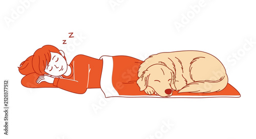 Woman and dog sleeping peacefully together on bed