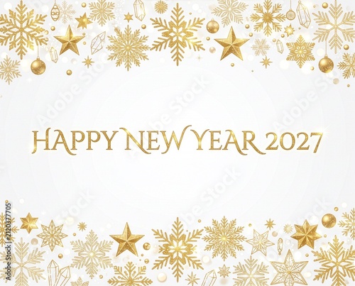 White and gold background with snowflakes, stars, and 