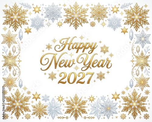 White and gold background with snowflakes, stars, and 