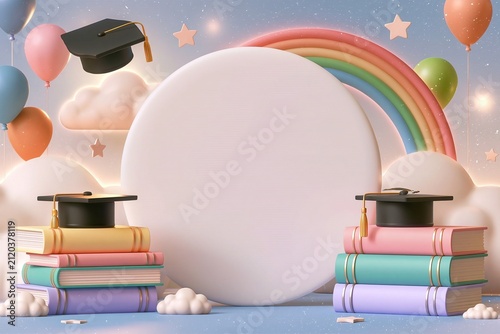3D Graduation Display Podium with Rainbow and Books