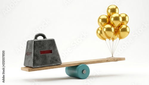 Wooden seesaw balancing a heavy metal weight and golden balloons