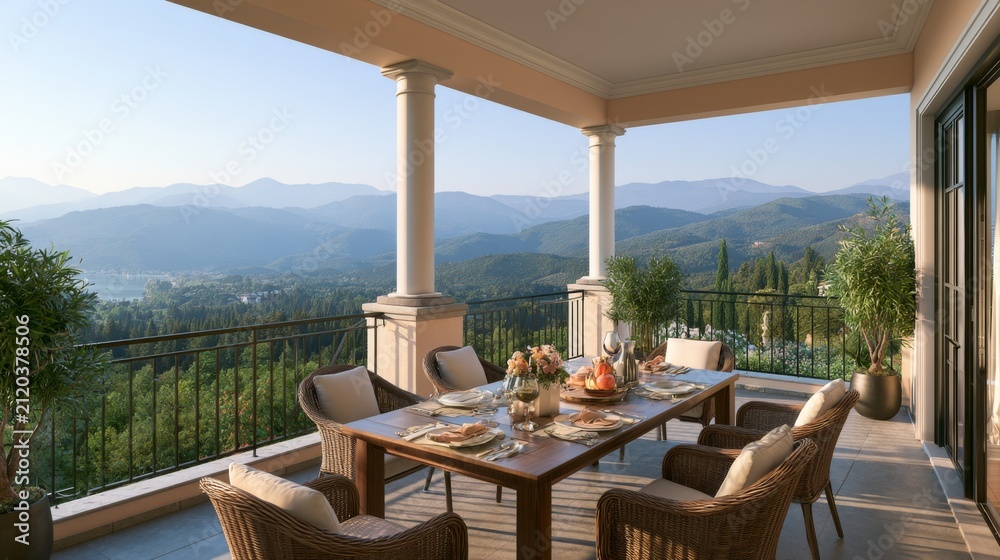 Fototapeta premium Elegant outdoor dining area with scenic mountain view, featuring a wooden table set with plates and flowers on a sunny day in a peaceful environment