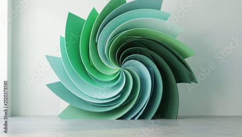 Minimalist Green and Teal Abstract Geometric Pinwheel Design, Futuristic Curved Green and Teal 3D Structure
