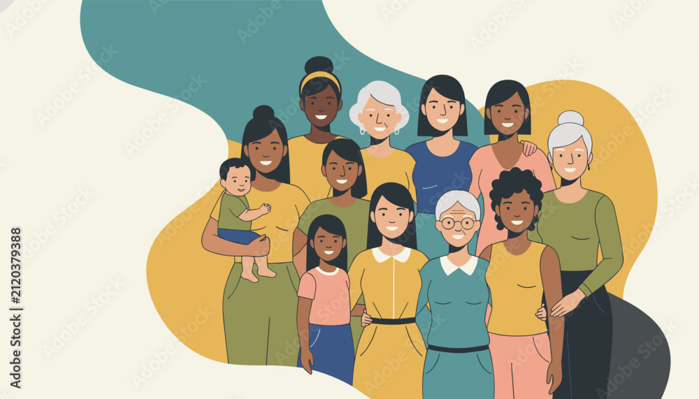 Obraz premium Group portrait of diverse women of different ages and ethnic backgrounds standing together to celebrate sisterhood.