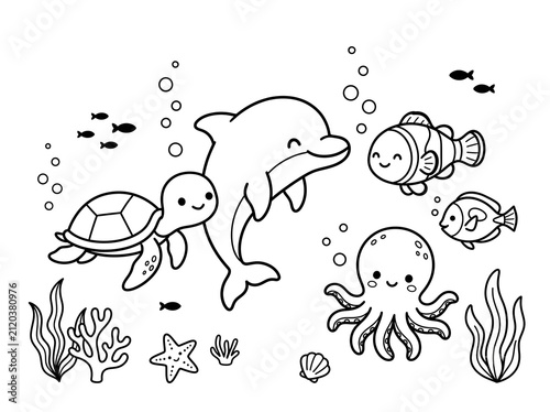 Cute Ocean Animal coloring page on an isolated white background. Generated with AI