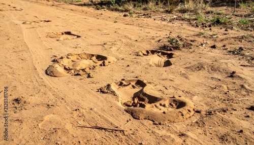 Large Animal Tracks Imprinted in Sandy Dirt Trail in Dry Wilderness