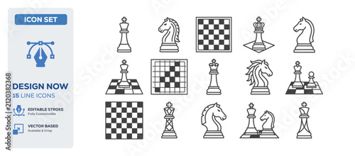 flat vector illustration line art icon bundle set design highlighting strategic chess playing competitive logic board games intelligent moves smart strategy puzzle graphic