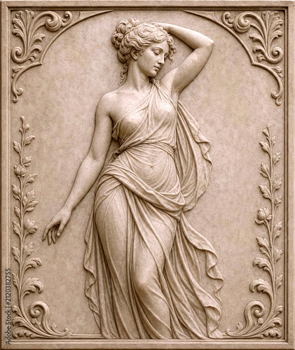 Greco-Roman style stone bas-relief sculpture of dancing woman with veil