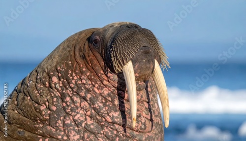 Large Brown Walrus Resting Near Blue Ocean Shore