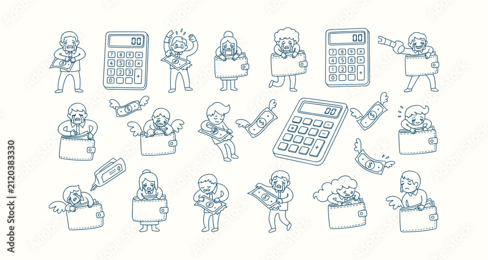 Fototapeta premium Set of Line Art Icons Illustrating Financial Stress People Crying Over Empty Wallets and Money