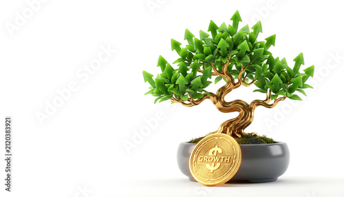 3D gold bonsai tree with green arrow leaves, coin and copy space