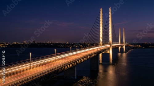 Stunning illuminated cable-stayed bridge over water at twilight.