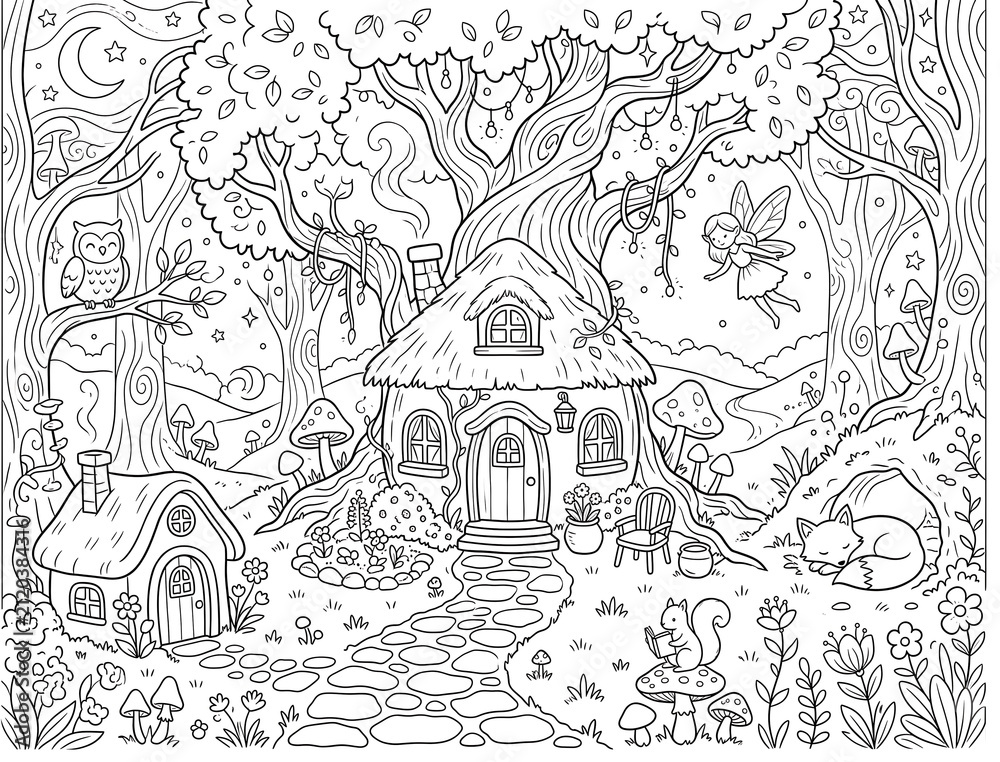 Fototapeta premium Magical World Cozy & Comfy coloring page on an isolated white background. Generated with AI
