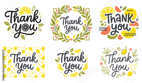 Handwritten thank you phrases with lemon and floral botanical illustrations