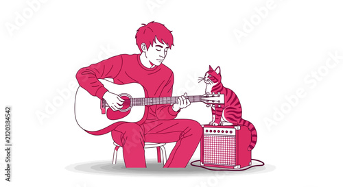 Young man playing acoustic guitar with cat on amplifier
