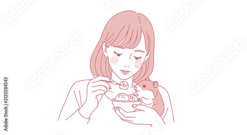 Young woman eating dessert with pet hamster