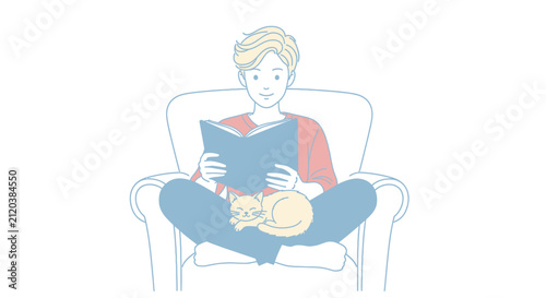 Young person reading book with cat on lap in armchair