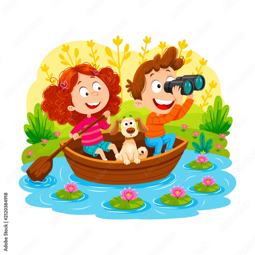 Fototapeta premium Two children paddle a wooden boat along a calm river surrounded by flowers and greenery.