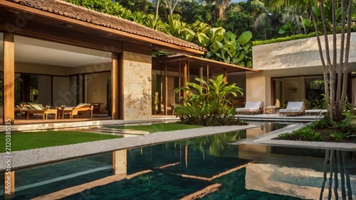 Luxurious tropical villa with stunning infinity pool and lush green gardens, perfect for a relaxing getaway
