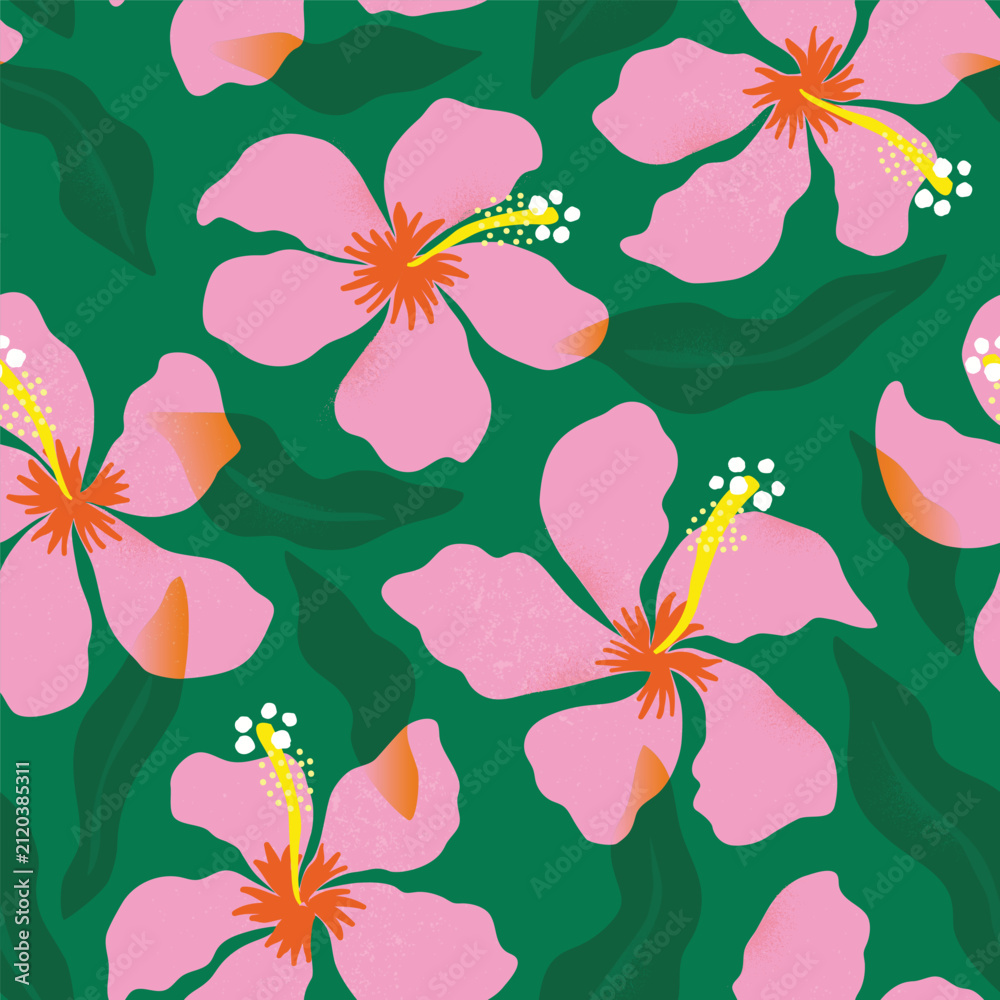 Obraz premium Tropical pink flowers and artistic leaves on green background. Seamless vector pattern.
