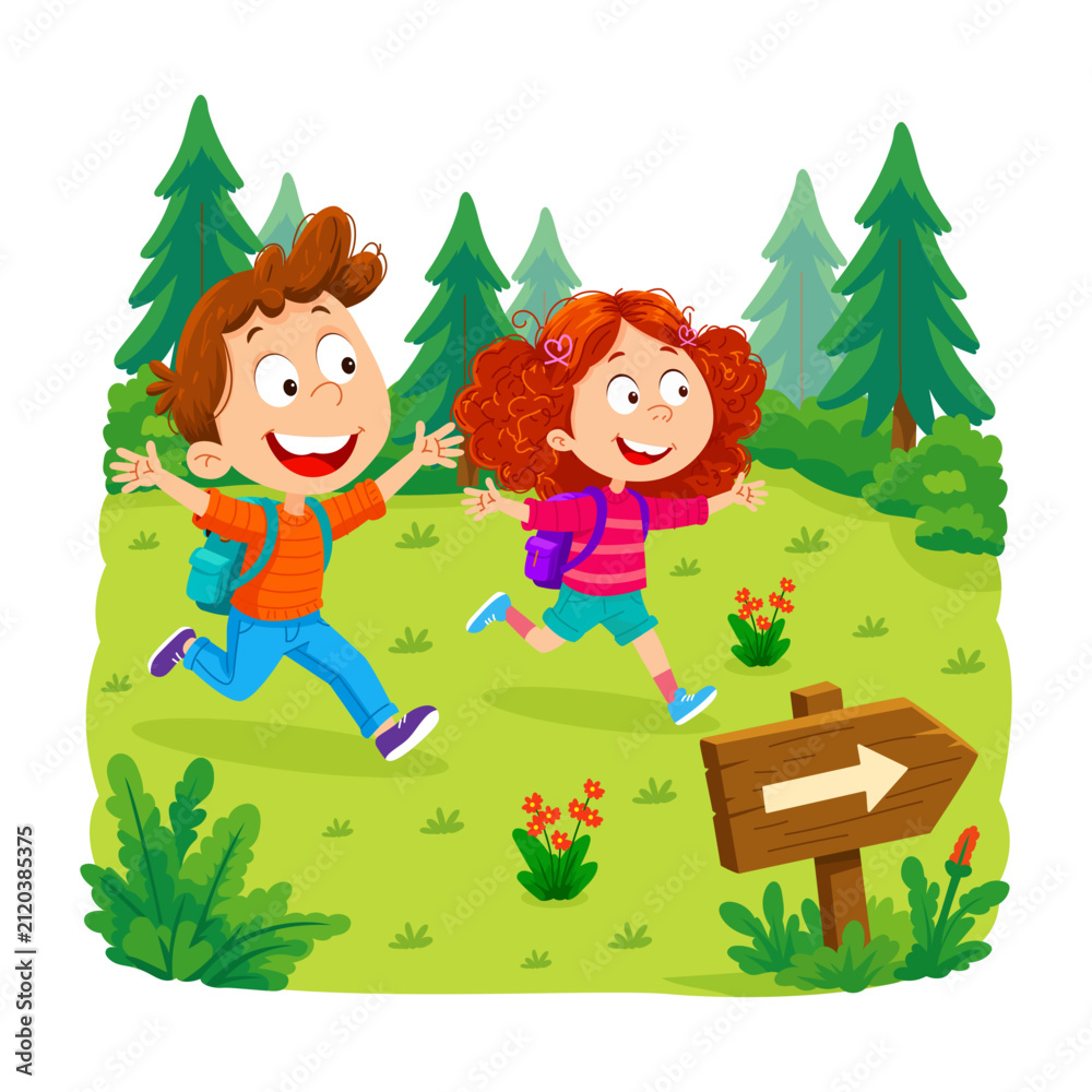 Naklejka premium Two cheerful children hike through a pine forest following a wooden direction sign.