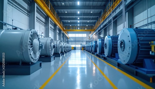 Large Industrial Electric Motors Arranged in Modern Factory Hall