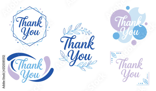 Modern blue script thank you typography with abstract shapes and leaves