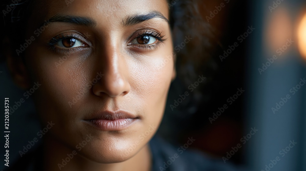 Fototapeta premium Close up portrait of a young woman with brown eyes and natural skin looking at camera in soft window light with blurred background.