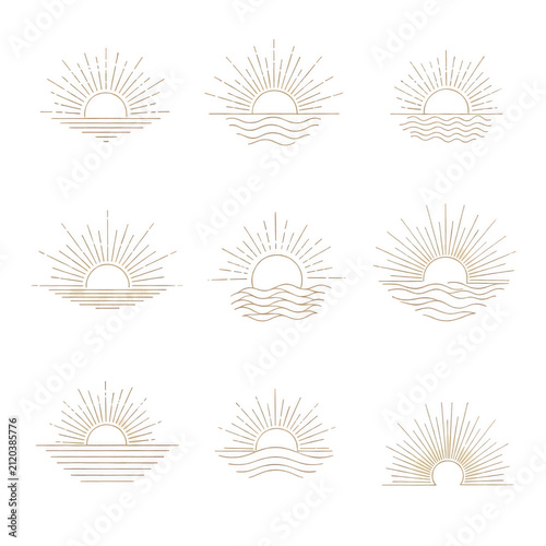 Set of gold line art nature and mountain landscape icons