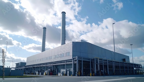 Large Industrial Power Plant Standing Under Cloudy Blue Sky