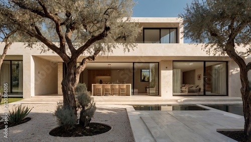 Modern luxury villa facade with large sliding glass doors and olive trees in courtyard