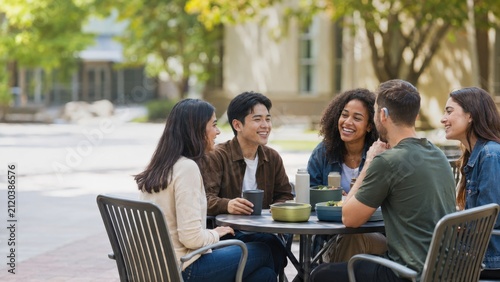 Diverse group of students sitting at a table outdoors, enjoying drinks and food while engaging in conversation on a sunny day in a university campus setting