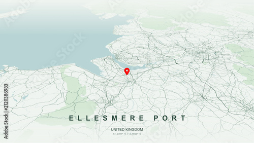 Minimalist vector map of Ellesmere Port, Cheshire, England. High-quality scalable illustration of Ellesmere Port geographic boundaries along Manchester Ship Canal, River Mersey foreshore for posters.