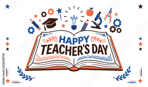 Happy teachers day celebration concept with open book and school supplies