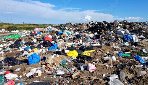 Large Outdoor Garbage Pile Scattered Across Open Landfill Under Blue Sky